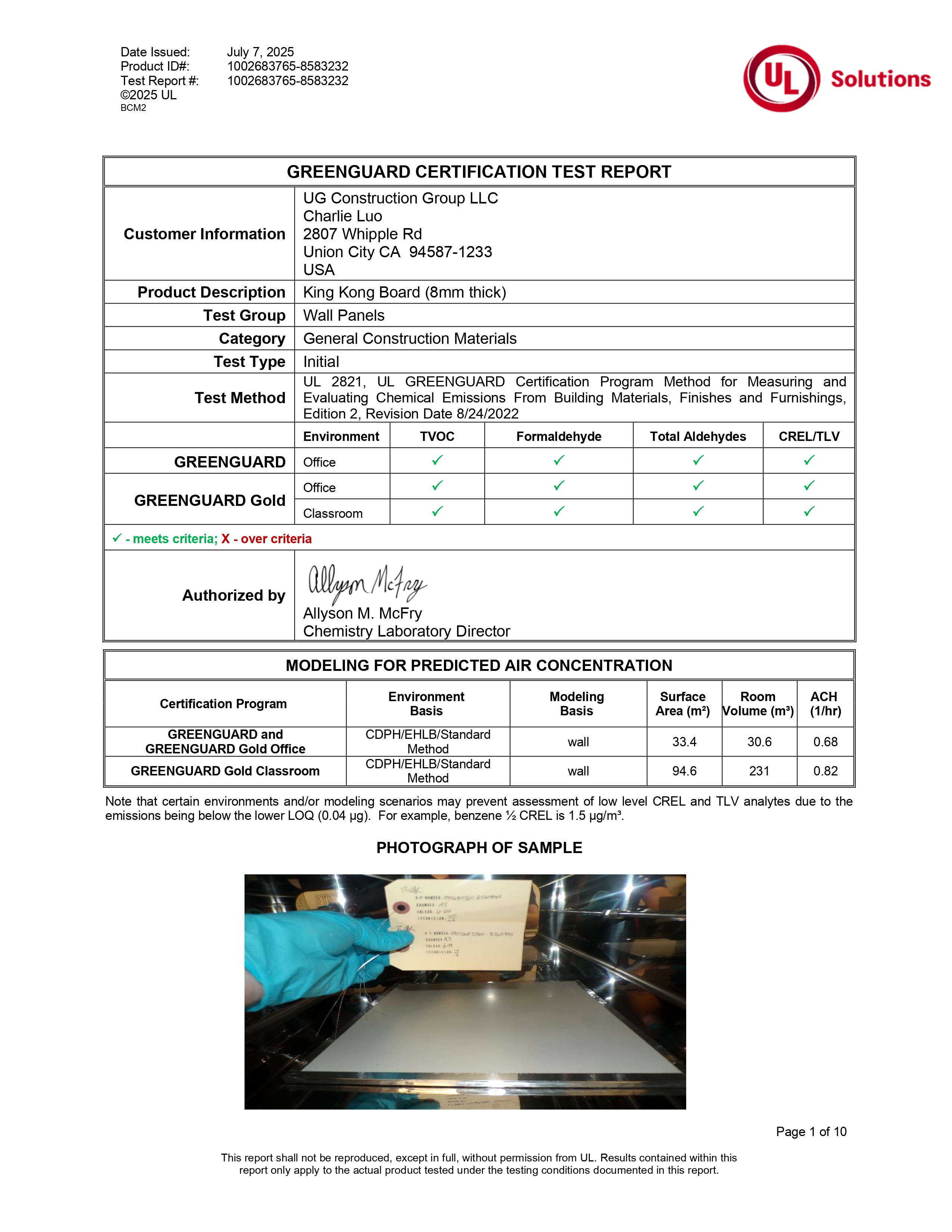 GREENGUARD Certification Test Report for King Kong Board